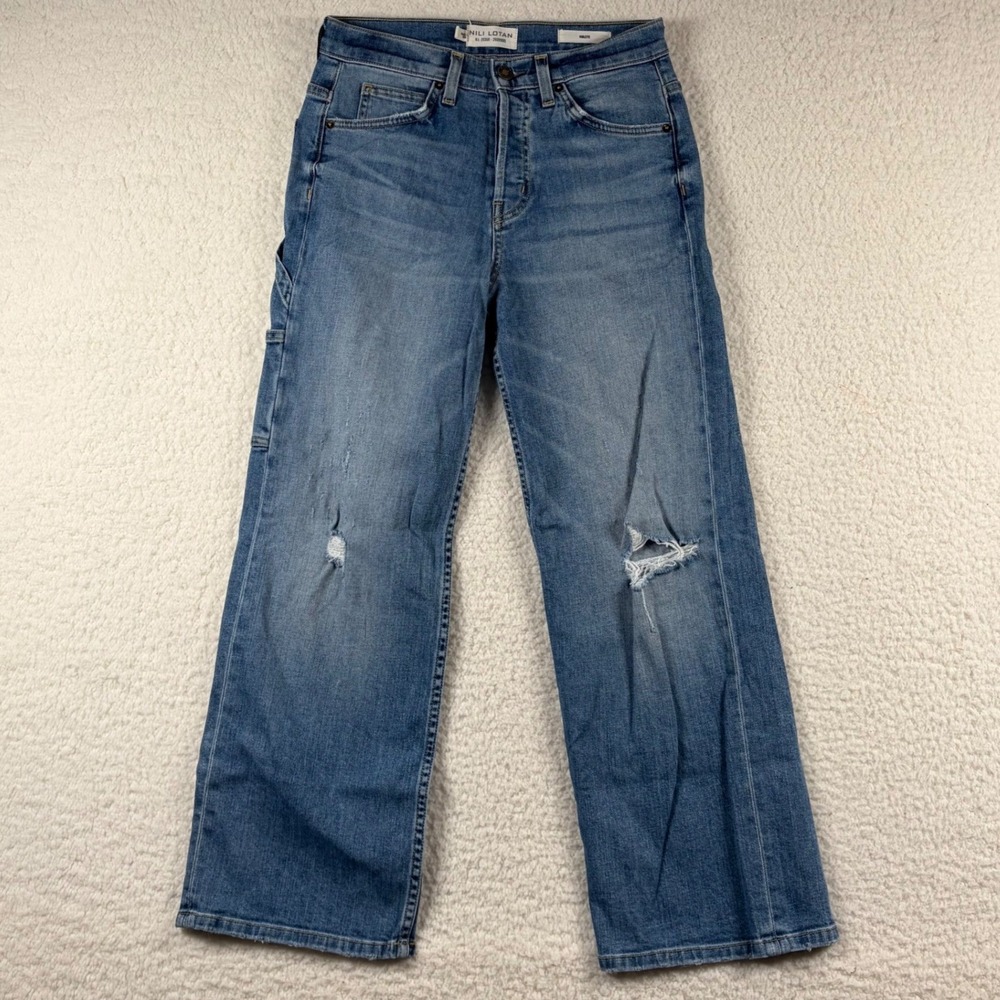 Nili Lotan Violette Straight Leg Carpenter Jeans Blue Distressed 25x26 Utility